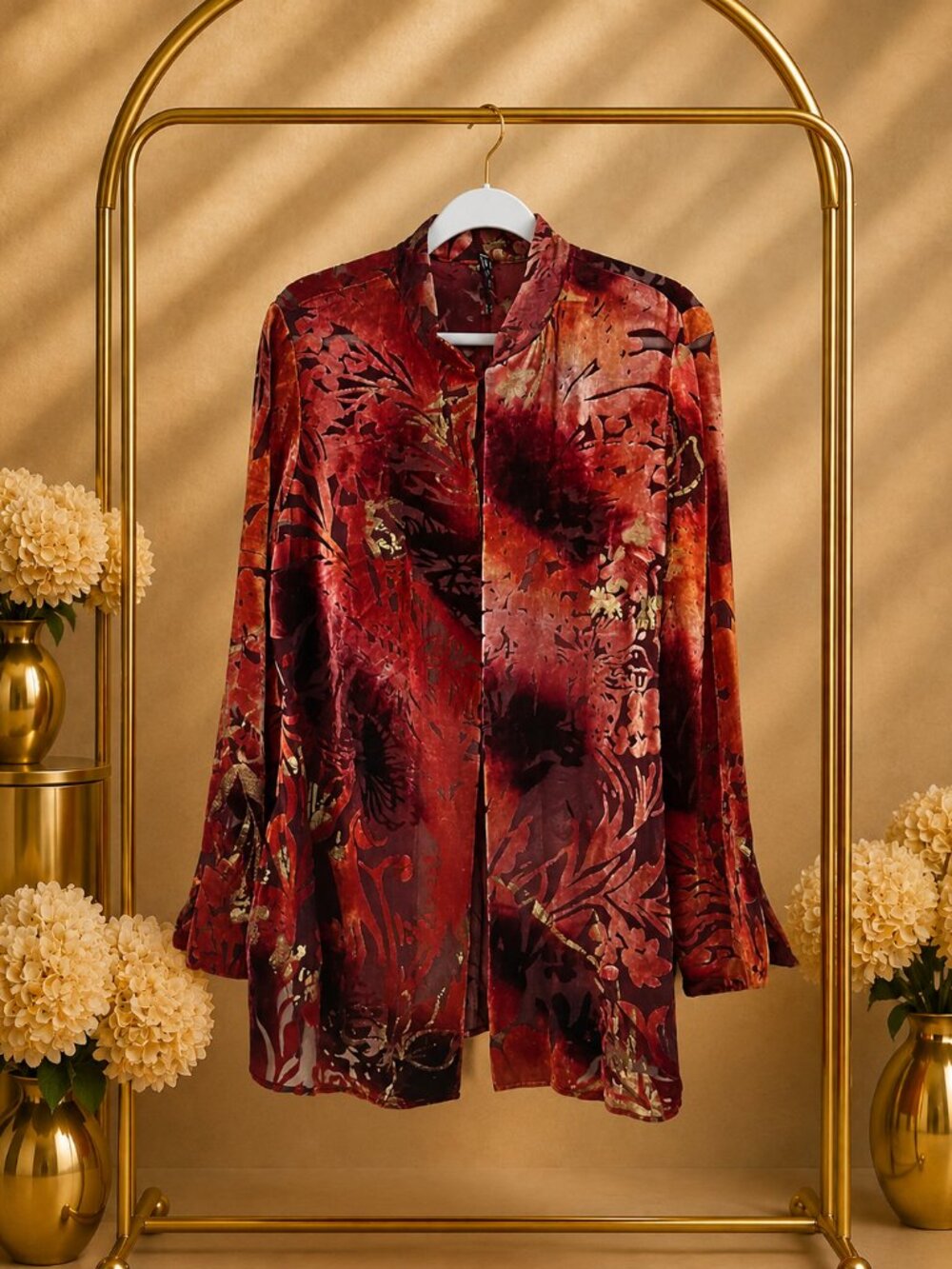 Silk Velvet Burnout Floral Tunic Blouse Rust Burgundy Artsy Boho Size 12